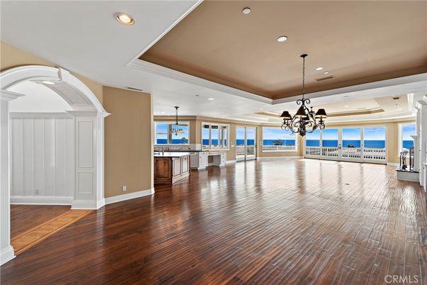Empty room, Interior, Pendant Lights, Recessed Lighting, Water, Wood Texture Flooring
