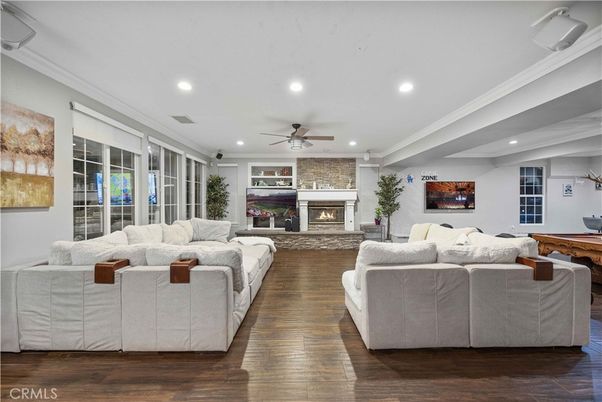 Fireplace, Interior, Living room, Recessed Lighting, Wood Texture Flooring