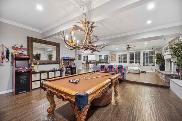 Billiard Table, Chandelier, Game Room, Interior, Recessed Lighting, Wood Texture Flooring