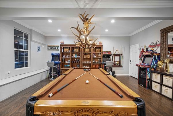 Billiard Table, Chandelier, Game Room, Interior, Recessed Lighting, Wood Texture Flooring