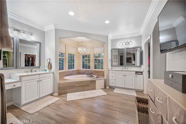 Bathroom, Dual Sink Vanities, Interior, Recessed Lighting, Wood Texture Flooring