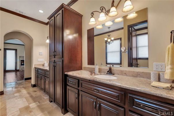 Bathroom, Chandelier, Dual Sink Vanities, Interior, Recessed Lighting