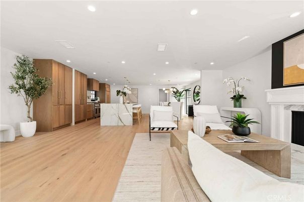 Dining room, Fireplace, Interior, Kitchen, Living room, Recessed Lighting, Stainless Steel Appliances, Wood Texture Flooring