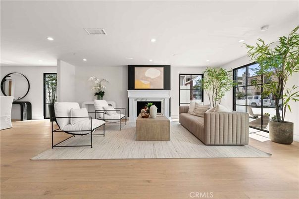 Fireplace, Interior, Living room, Recessed Lighting, Wood Texture Flooring