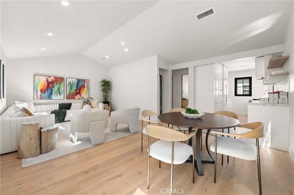 Dining room, Interior, Living room, Recessed Lighting, Wood Texture Flooring