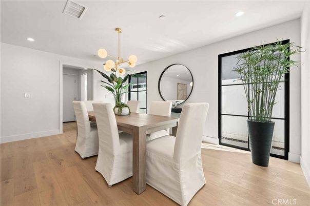 Dining room, Interior, Pendant Lights, Recessed Lighting, Wood Texture Flooring