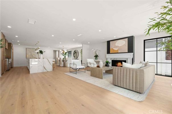 Fireplace, Interior, Kitchen, Living room, Marble Walls, Pendant Lights, Recessed Lighting, Wood Texture Flooring
