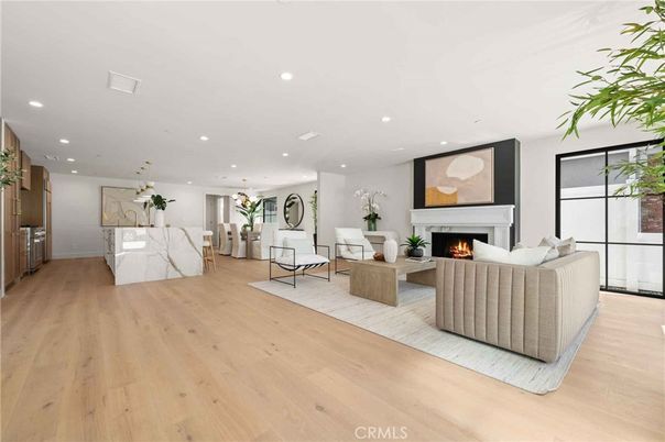 Fireplace, Interior, Kitchen, Living room, Pendant Lights, Recessed Lighting, Wood Texture Flooring