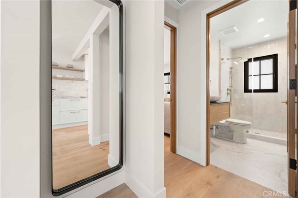 Bathroom, Interior, Marble, Recessed Lighting, Wood Texture Flooring