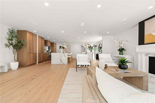 Dining room, Fireplace, Interior, Kitchen, Living room, Recessed Lighting, Stainless Steel Appliances, Wood Texture Flooring