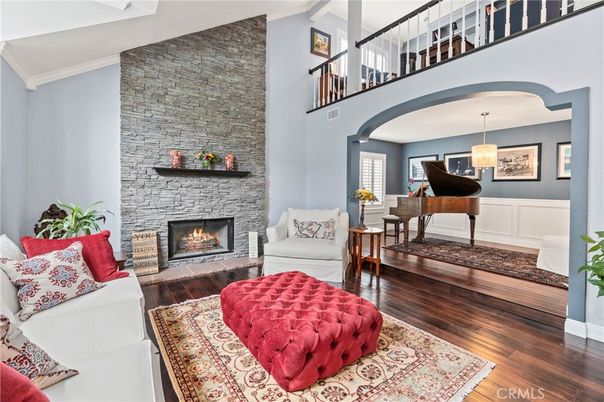 Fireplace, Interior, Living room, Piano, Stone Walls, Wood Texture Flooring