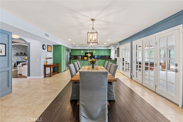 Dining room, Interior, Kitchen, Pendant Lights, Recessed Lighting, Wood Texture Flooring