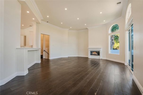Empty room, Fireplace, Interior, Recessed Lighting, Wood Texture Flooring
