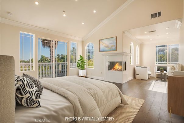 Bedroom, Fireplace, Interior, Recessed Lighting, Wood Texture Flooring