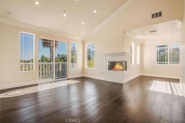 Empty room, Fireplace, Interior, Recessed Lighting, Wood Texture Flooring