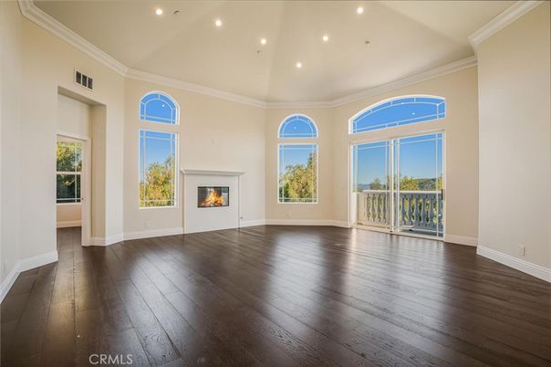 Empty room, Fireplace, Interior, Recessed Lighting, Wood Texture Flooring