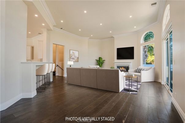 Fireplace, Interior, Living room, Recessed Lighting, Wood Texture Flooring