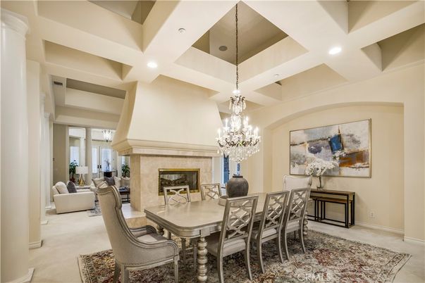 Chandelier, Dining room, Fireplace, Interior, Living room, Recessed Lighting