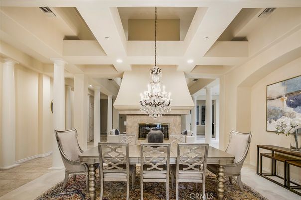 Chandelier, Dining room, Fireplace, Interior, Recessed Lighting