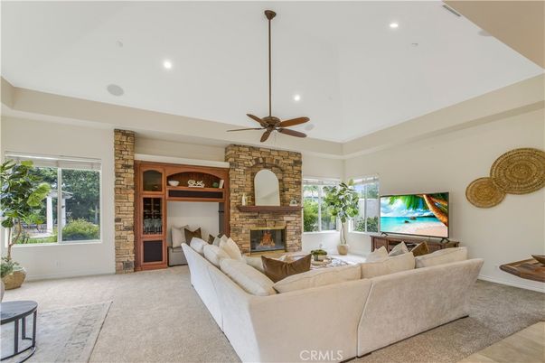 Fireplace, Interior, Living room, Recessed Lighting, Stone Walls