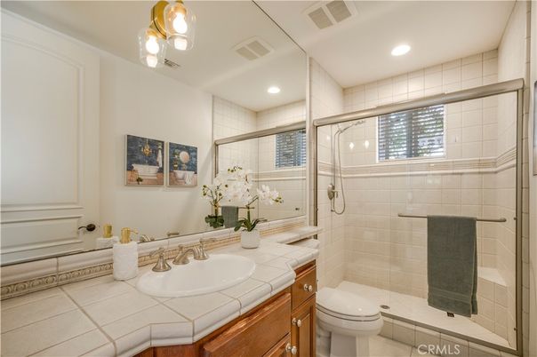 Bathroom, Glass Shower, Interior, Recessed Lighting, Tile Countertops