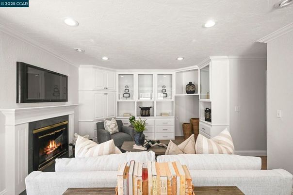 Fireplace, Interior, Living room, Recessed Lighting, Wood Texture Flooring