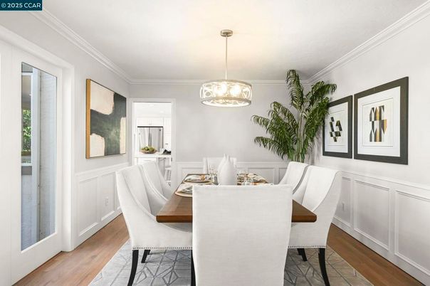 Dining room, Interior, Pendant Lights, Wood Texture Flooring