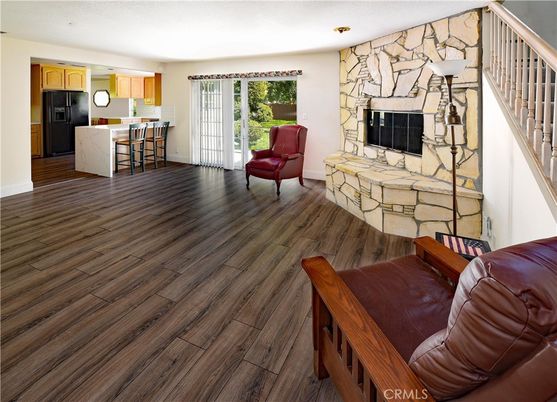 Dining room, Fireplace, Interior, Kitchen, Stone Walls, Wood Texture Flooring