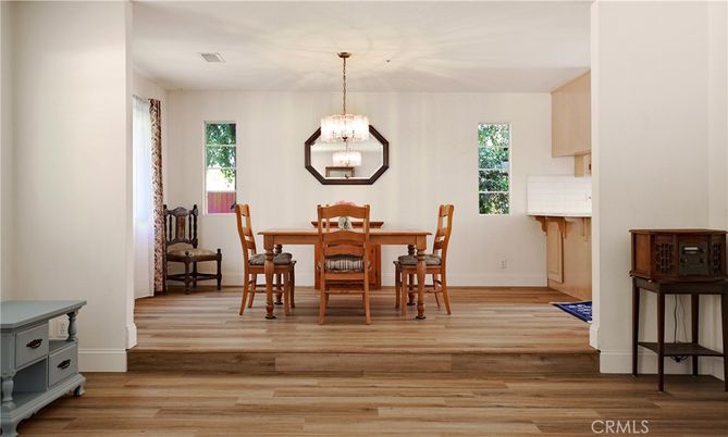 Dining room, Interior, Pendant Lights, Wood Texture Flooring