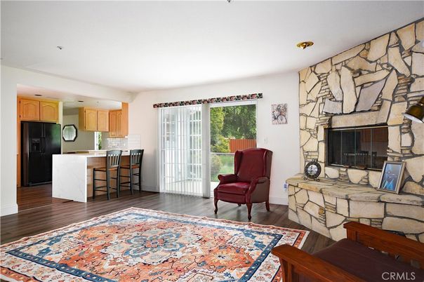Fireplace, Interior, Kitchen, Recessed Lighting, Stone Walls, Wood Texture Flooring