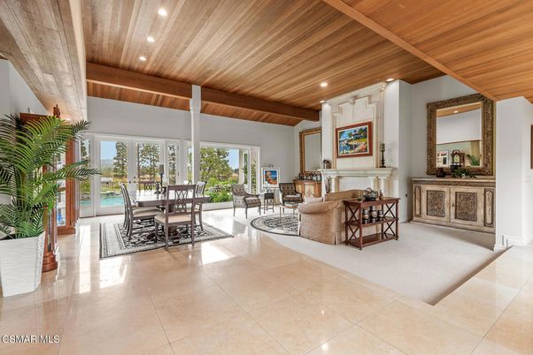 Dining room, Fireplace, Interior, Living room, Recessed Lighting, Wooden Beams, Wooden Ceilings