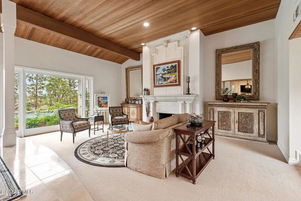 Fireplace, Interior, Living room, Recessed Lighting, Wooden Beams, Wooden Ceilings
