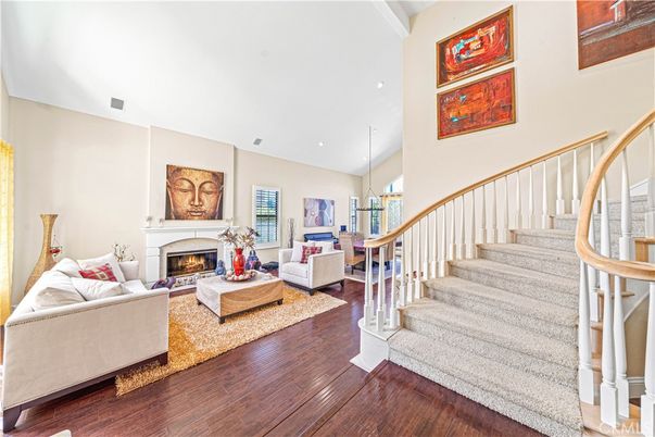 Fireplace, Interior, Living room, Pendant Lights, Recessed Lighting, Wood Texture Flooring