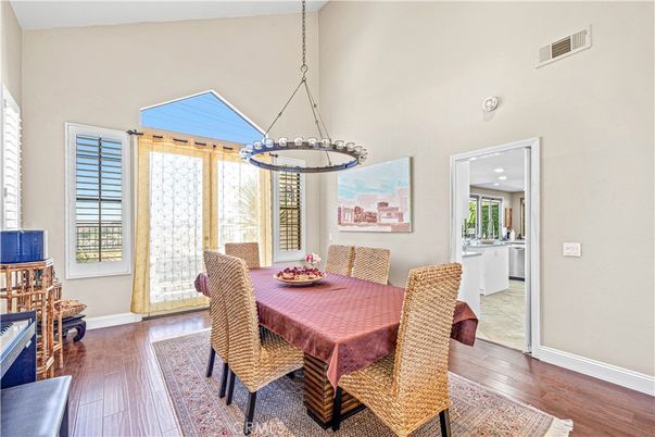 Chandelier, Dining room, Interior, Pendant Lights, Recessed Lighting, Wood Texture Flooring