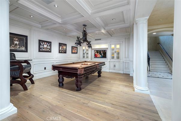 Billiard Table, Game Room, Interior, Pendant Lights, Recessed Lighting, Wood Texture Flooring