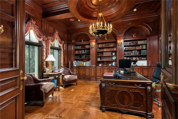 Chandelier, Home Office, Interior, Pendant Lights, Recessed Lighting, Wooden Beams, Wooden Ceilings, Wood Texture Flooring, Wooden Walls