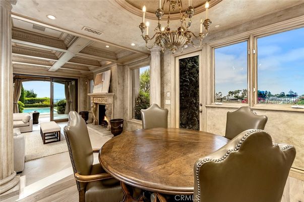Chandelier, Dining room, Fireplace, Interior, Living room, Recessed Lighting, Wood Texture Flooring