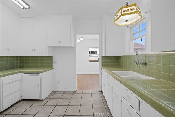 Interior, Kitchen, Tile Countertops, Wood Texture Flooring
