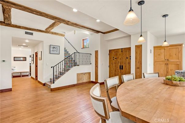 Dining room, Interior, Pendant Lights, Recessed Lighting, Wooden Beams, Wood Texture Flooring
