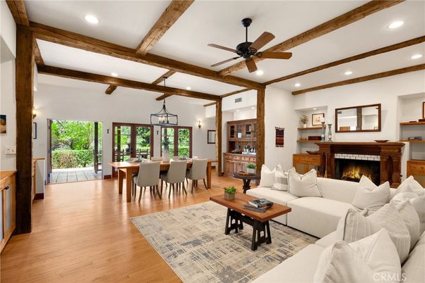 Dining room, Fireplace, Interior, Living room, Pendant Lights, Recessed Lighting, Wooden Beams, Wood Texture Flooring