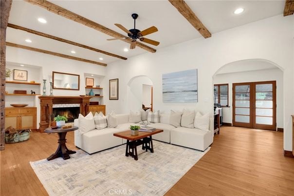 Fireplace, Interior, Living room, Recessed Lighting, Wooden Beams, Wood Texture Flooring