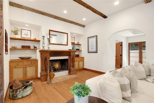Fireplace, Interior, Living room, Recessed Lighting, Wooden Beams, Wood Texture Flooring