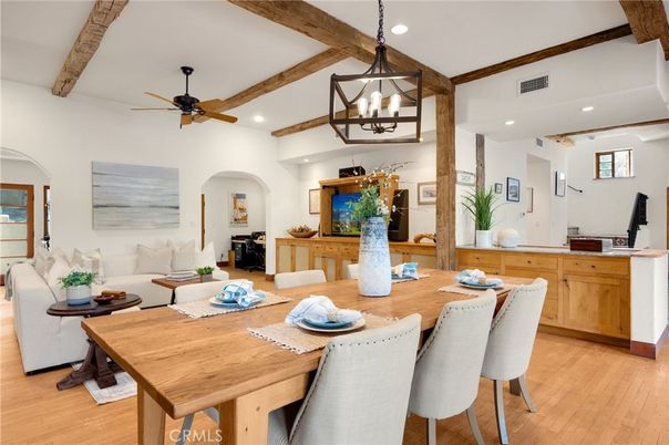 Dining room, Interior, Living room, Pendant Lights, Recessed Lighting, Wooden Beams, Wood Texture Flooring