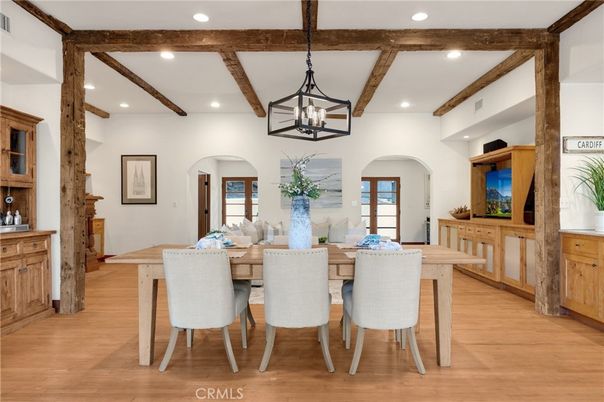 Dining room, Interior, Pendant Lights, Recessed Lighting, Wooden Beams, Wood Texture Flooring
