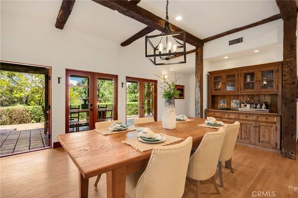 Dining room, Interior, Pendant Lights, Recessed Lighting, Wooden Beams, Wood Texture Flooring