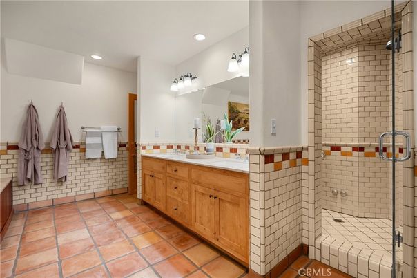 Bathroom, Dual Sink Vanities, Glass Shower, Interior, Recessed Lighting, Tile Countertops