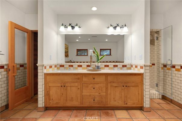 Bathroom, Dual Sink Vanities, Glass Shower, Interior, Recessed Lighting, Tile Countertops
