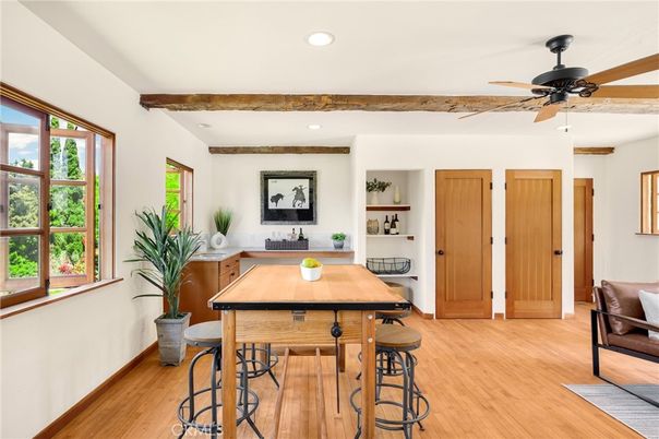 Dining room, Interior, Recessed Lighting, Wooden Beams, Wood Texture Flooring