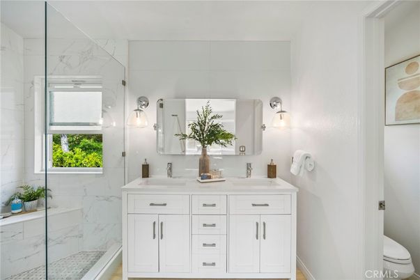 Bathroom, Dual Sink Vanities, Glass Shower, Interior, Marble Walls