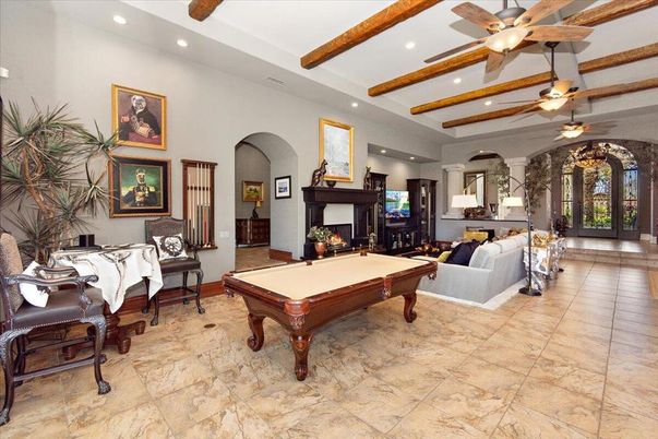 Billiard Table, Fireplace, Game Room, Interior, Living room, Recessed Lighting, Wooden Beams